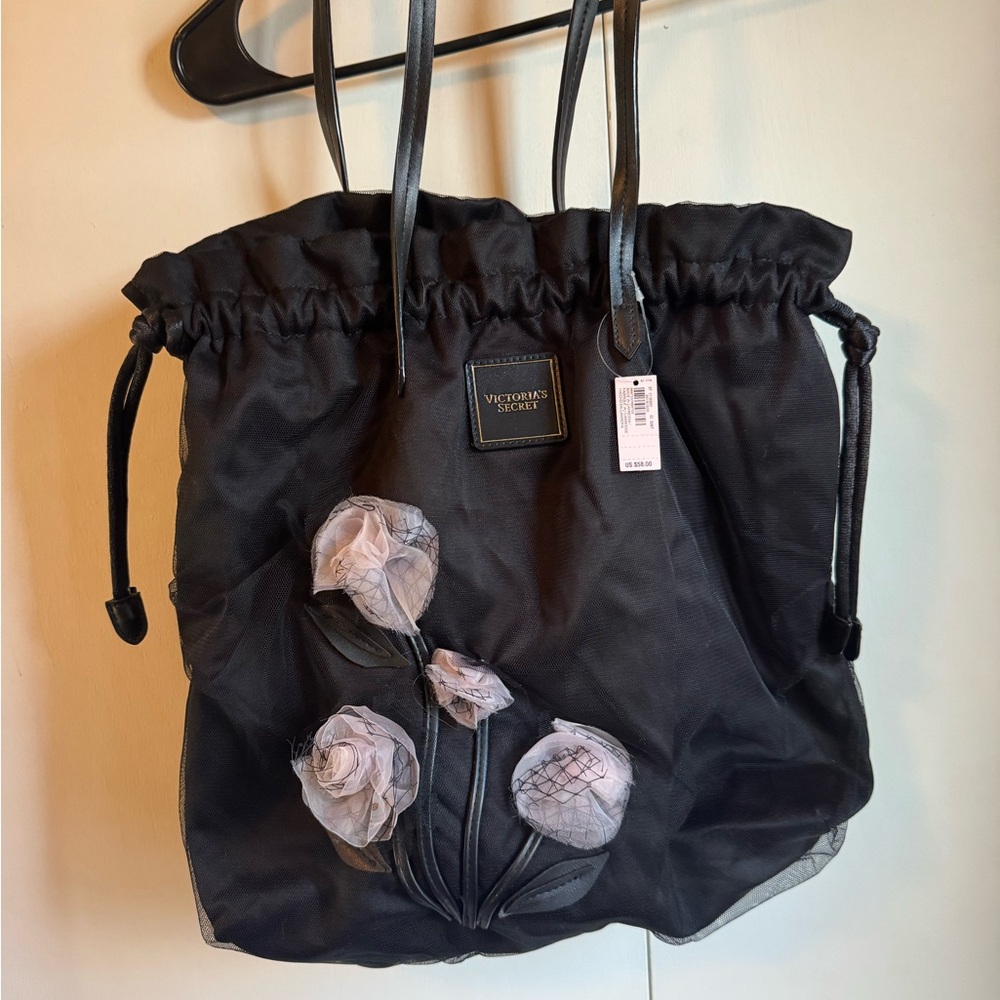 Victoria's Secret Black Floral Drawstring Tote